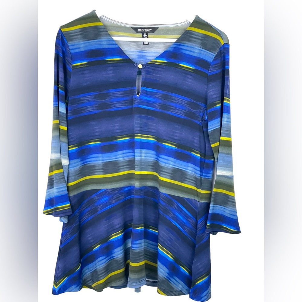 ELLEN TRACY Women M Blue Multicolor Stripe Shark Bite Hem Tunic Blouse Stretch